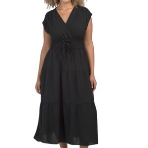 NWT RACHEL ZOE Black Cap Sleeve Smocked Waist Bow Detail Tiered Dress Size Large